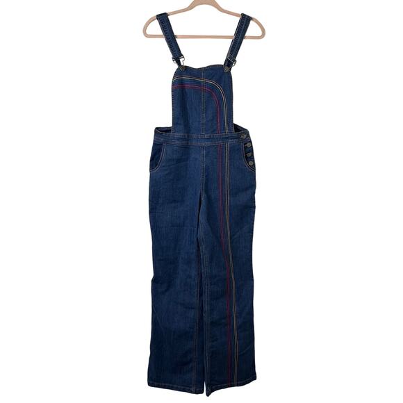 Sz 8 NWOT ModCloth Rainbow Denim Overalls Wide-Leg Embroidered Bib Retro Kidcore - Picture 2 of 10
